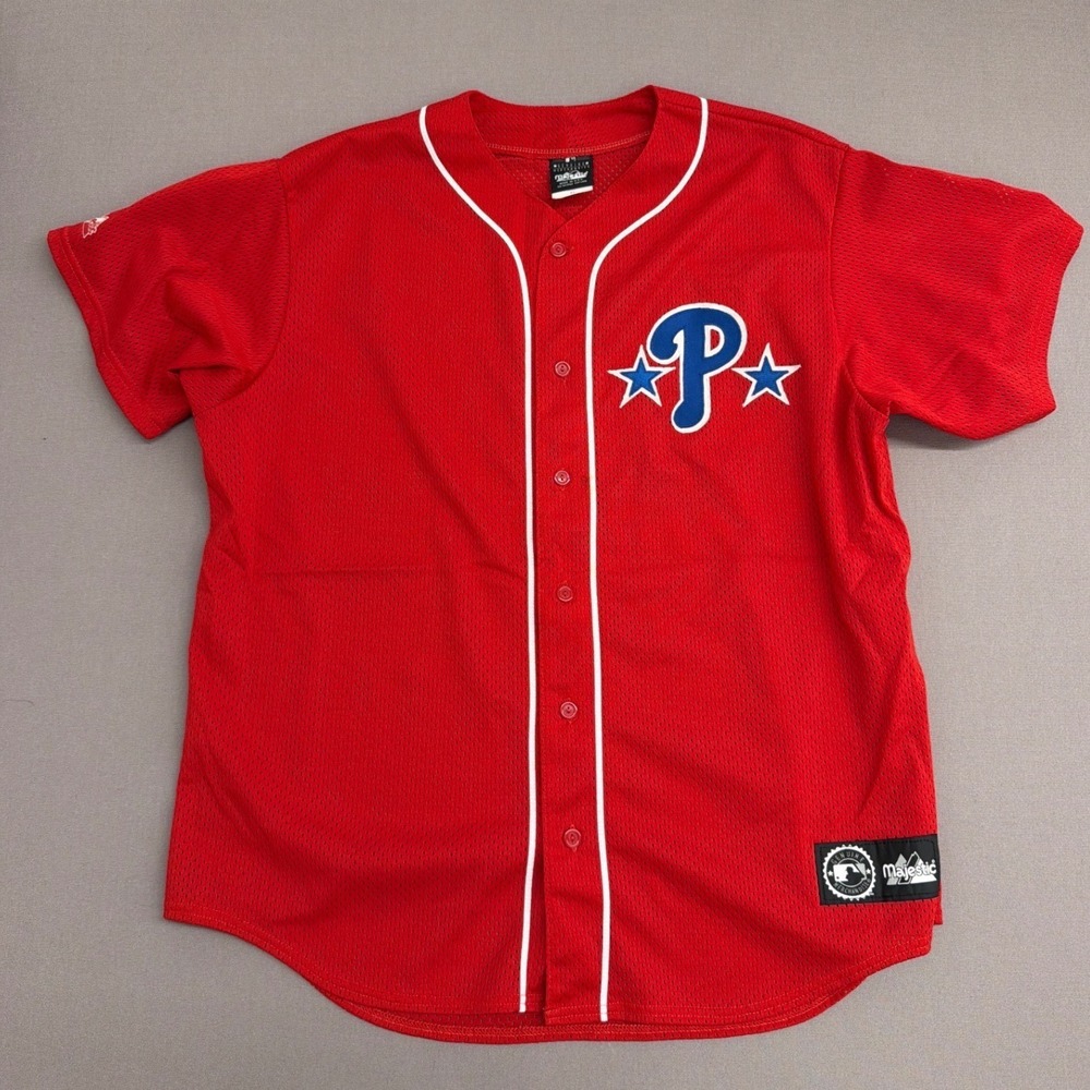 Majestic Philadelphia Phillies Jersey Mens XL Red Mesh Button Front MLB USA Made